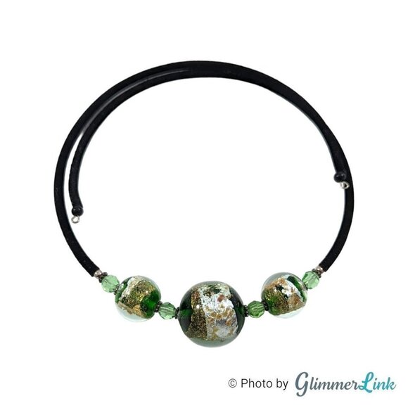 Green & Gold Foil Glass Beads Black Velvet Wire Wrap Choker Necklace - Picture 2 of 10
